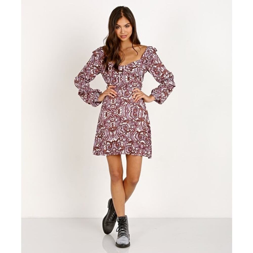 FOR LOVE AND LEMONS Georgi Babydoll Dress Womens Medium Lilac Paisley Print Mini